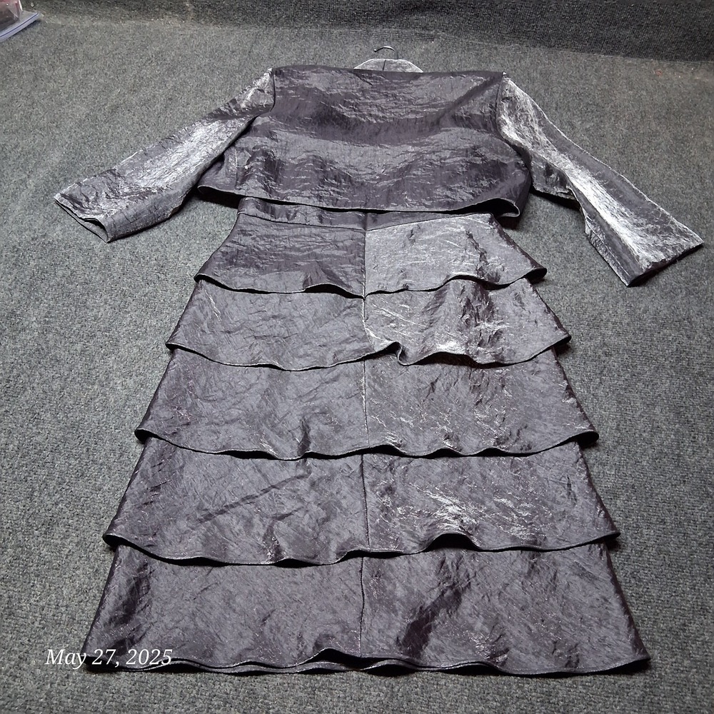 R&M Richards Dress Formal Sz 8 Sillver‎ Gray Sheet Ruffle With Open Jacket Top - Picture 6 of 8